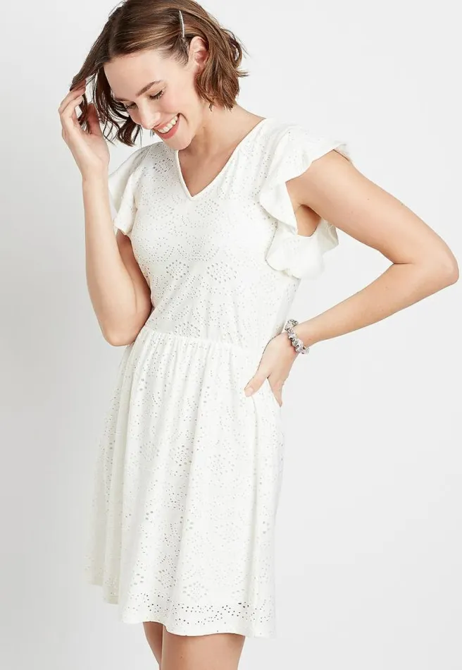 White Eyelet Lace Flutter Sleeve Mini Dress Women Maurices Dresses and Jumpsuits