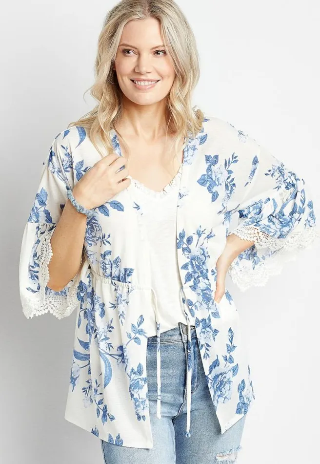 White Floral Tie Waist Kimono Women Maurices Tops