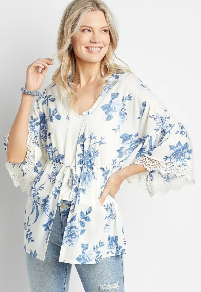 White Floral Tie Waist Kimono Women Maurices Tops