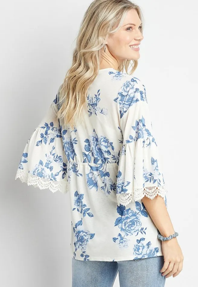 White Floral Tie Waist Kimono Women Maurices Tops