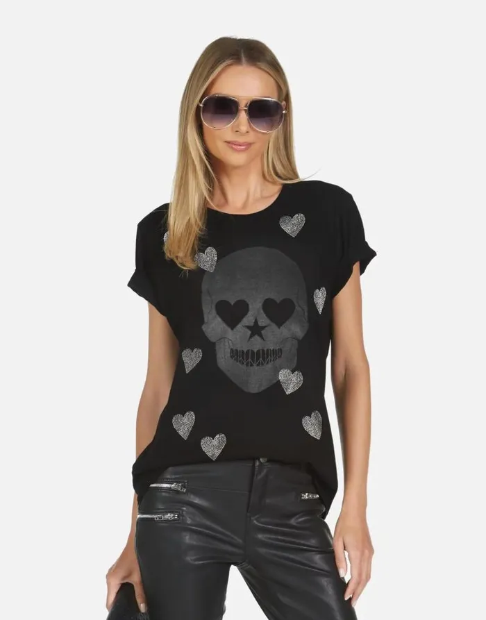 Wolf X Crystal Peace Love Skull Black Women Lauren Moshi Short Sleeve