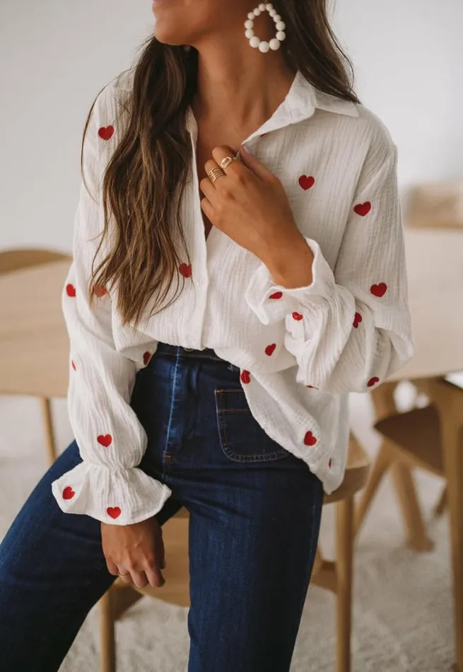 Women039s Clothing Shirts Easy Clothes White Vicky Shirt With Red Hearts