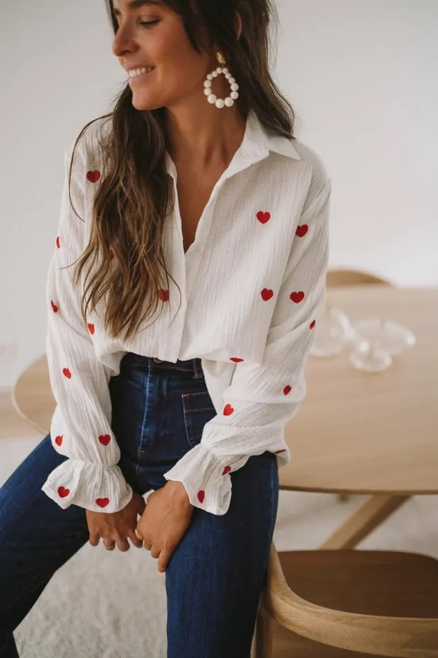Women039s Clothing Shirts Easy Clothes White Vicky Shirt With Red Hearts