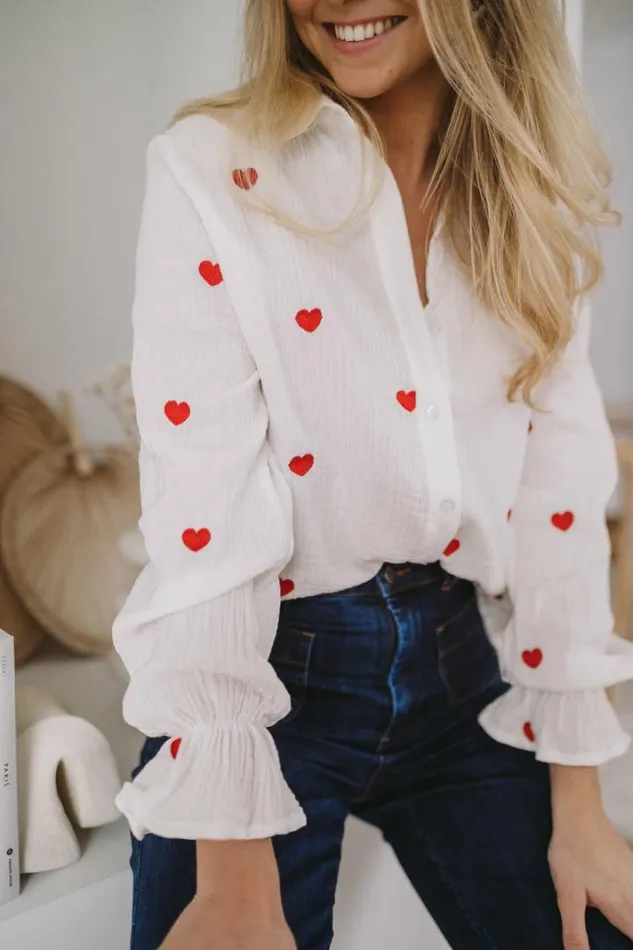 Women039s Clothing Shirts Easy Clothes White Vicky Shirt With Red Hearts