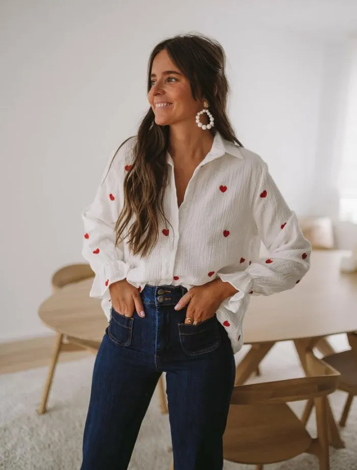 Women039s Clothing Shirts Easy Clothes White Vicky Shirt With Red Hearts