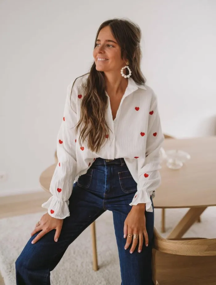 Women039s Clothing Shirts Easy Clothes White Vicky Shirt With Red Hearts