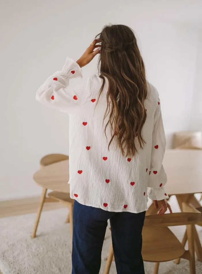 Women039s Clothing Shirts Easy Clothes White Vicky Shirt With Red Hearts