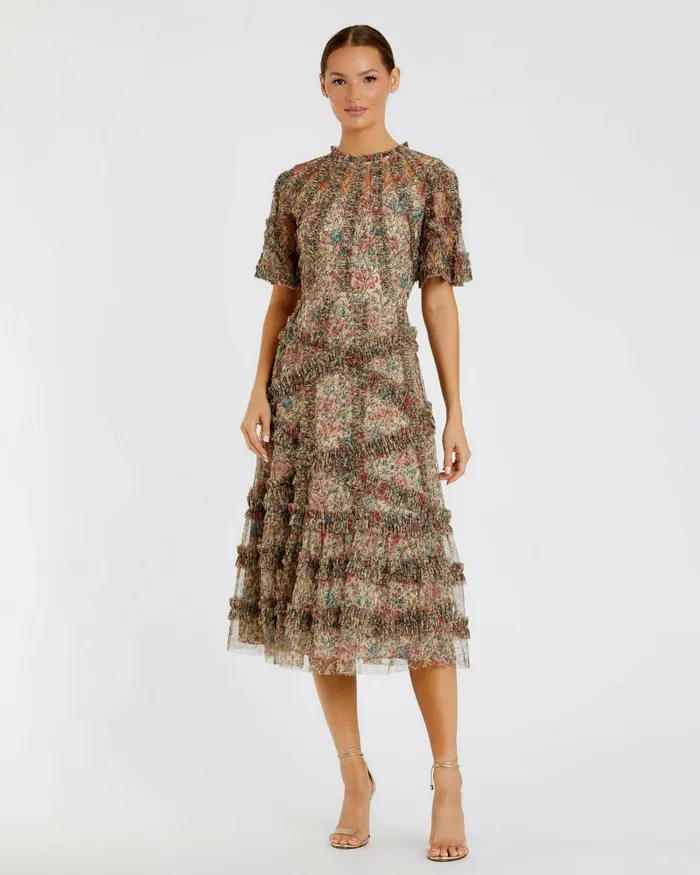 Women Beige Floral Flutter Sleeve Mesh Print Dress Beige Multi Daytime Dresses Mac Duggal Women Beige Floral Flutter Sleeve Mesh Print Dress Beige Multi Daytime Dresses Mac Duggal