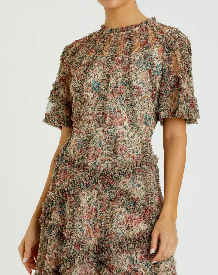 Women Beige Floral Flutter Sleeve Mesh Print Dress Beige Multi Daytime Dresses Mac Duggal