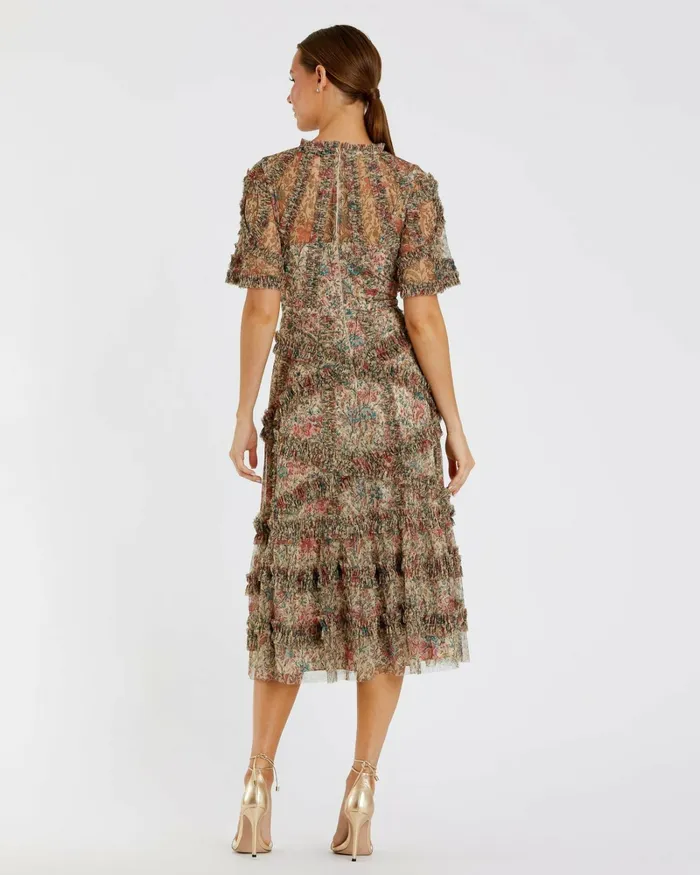 Women Beige Floral Flutter Sleeve Mesh Print Dress Beige Multi Daytime Dresses Mac Duggal