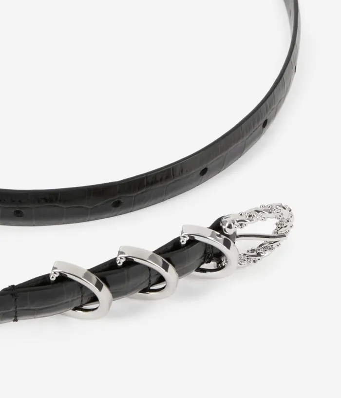 Women Belts THE KOOPLES Thin Black Crocodileeffect Leather Belt Women Belts THE KOOPLES Thin Black Crocodileeffect Leather Belt