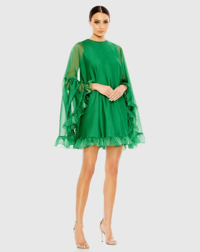 Women Best Sellers Mac Duggal High Neck Ruffle Hem Cape Mini Dress Deep Green