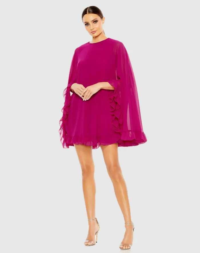 Women Best Sellers Mac Duggal High Neck Ruffle Hem Cape Mini Dress Deep Green