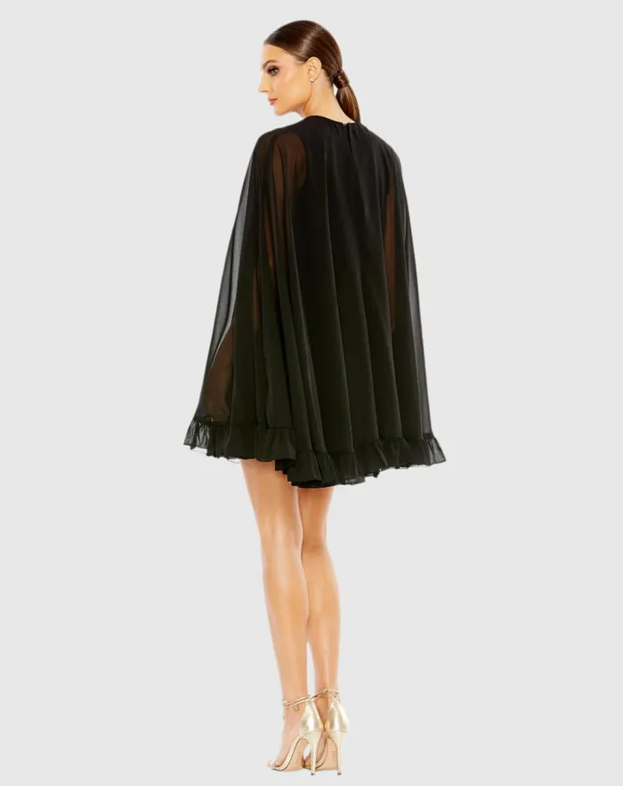 Women Best Sellers Mac Duggal High Neck Ruffle Hem Cape Mini Dress Deep Green