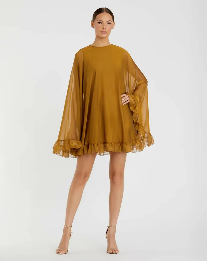 Women Best Sellers Mac Duggal High Neck Ruffle Hem Cape Mini Dress Deep Green