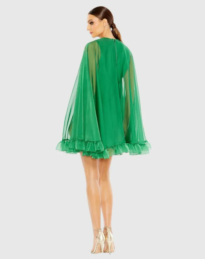 Women Best Sellers Mac Duggal High Neck Ruffle Hem Cape Mini Dress Deep Green