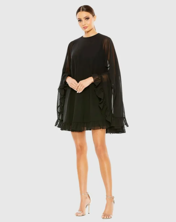 Women Best Sellers Mac Duggal High Neck Ruffle Hem Cape Mini Dress Deep Green