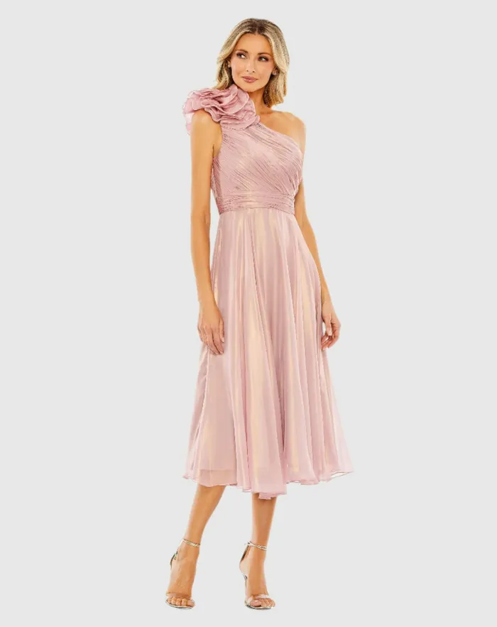 Women Best Sellers Mac Duggal Pink Rosette One Shoulder Tea Length Dress Rose
