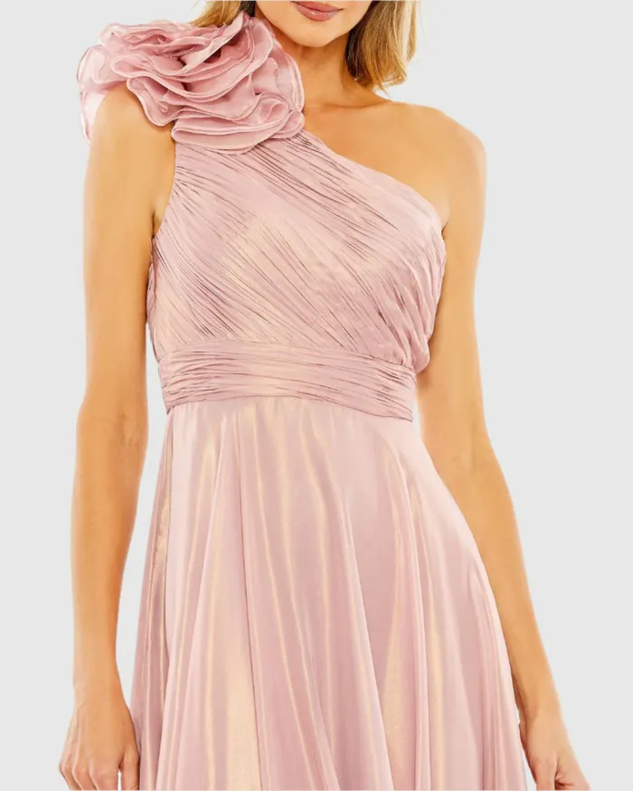 Women Best Sellers Mac Duggal Pink Rosette One Shoulder Tea Length Dress Rose