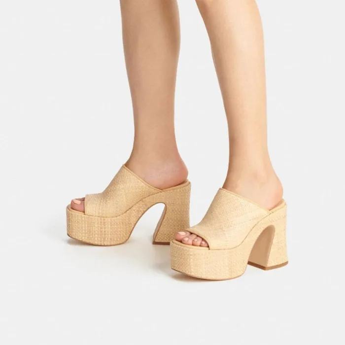 Women Bobi Straw Platform Sandal Natural Coach Heels