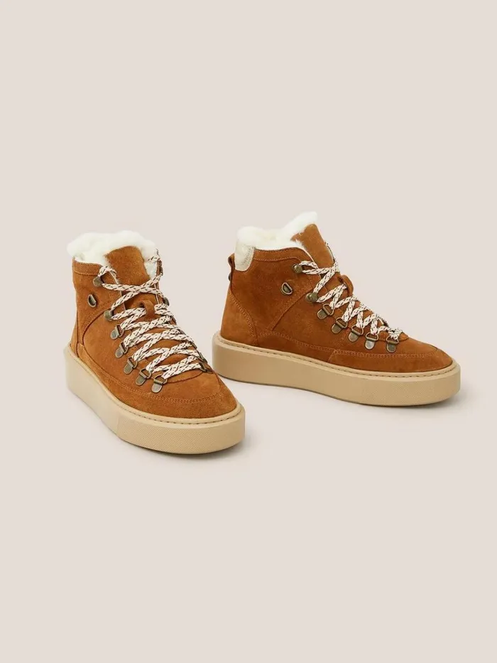 Women BOOTS White Stuff Suede Shearling Hiker Bootie Dark Tan