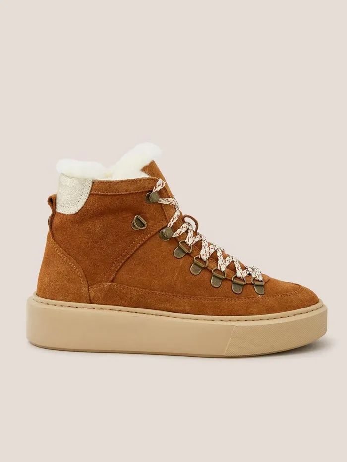 Women BOOTS White Stuff Suede Shearling Hiker Bootie Dark Tan Women BOOTS White Stuff Suede Shearling Hiker Bootie Dark Tan