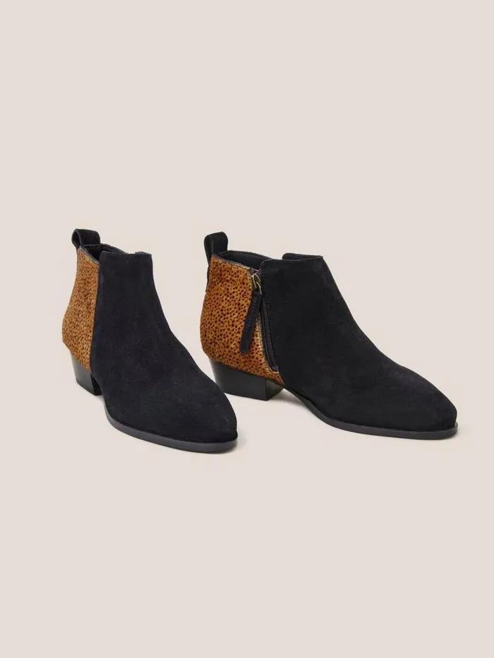Women BOOTS White Stuff Wide Fit Suede Pony Ankle Boot Black Print