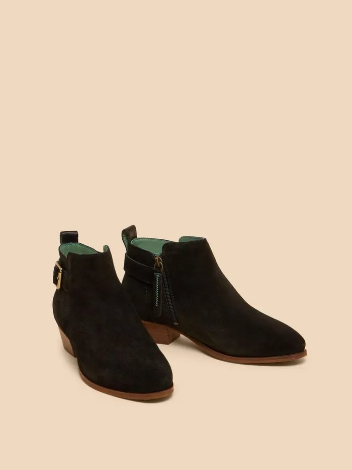Women BOOTS White Stuff Willow Suede Buckle Ankle Boot Pure Black
