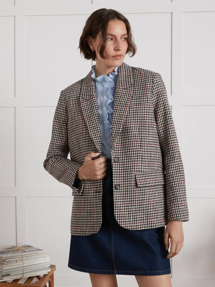 Women Clothing Cyrillus Check Twill Suit Jacket Carreaux Tricolore