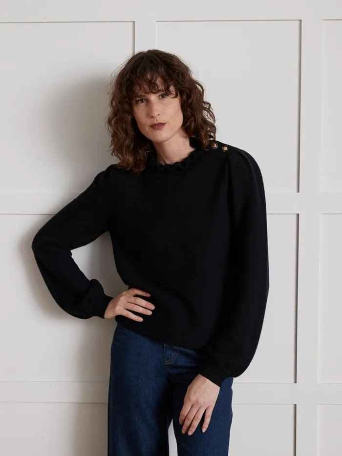 Women Clothing Cyrillus Garter Stitch Sweater With Ruffled Neckline Navy Noir