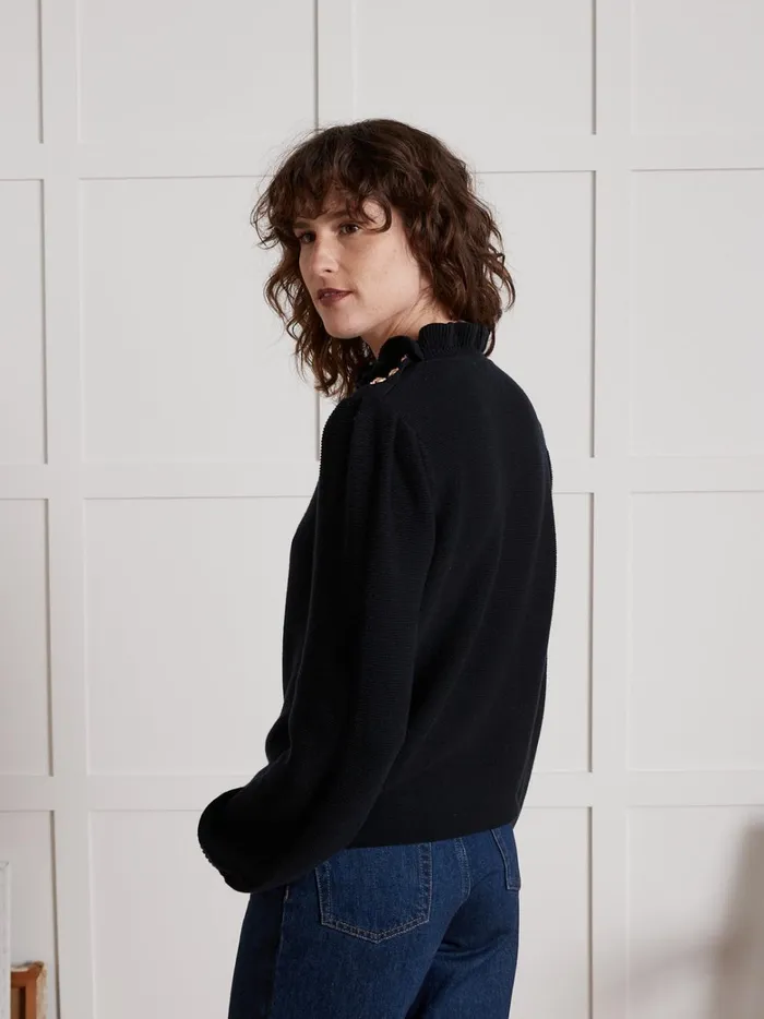Women Clothing Cyrillus Garter Stitch Sweater With Ruffled Neckline Navy Noir