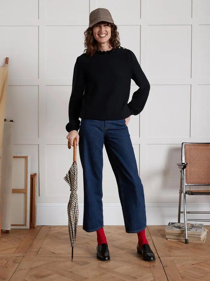 Women Clothing Cyrillus Garter Stitch Sweater With Ruffled Neckline Navy Noir