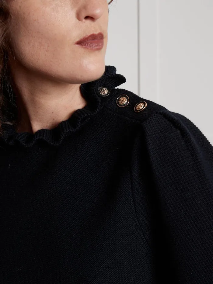 Women Clothing Cyrillus Garter Stitch Sweater With Ruffled Neckline Navy Noir