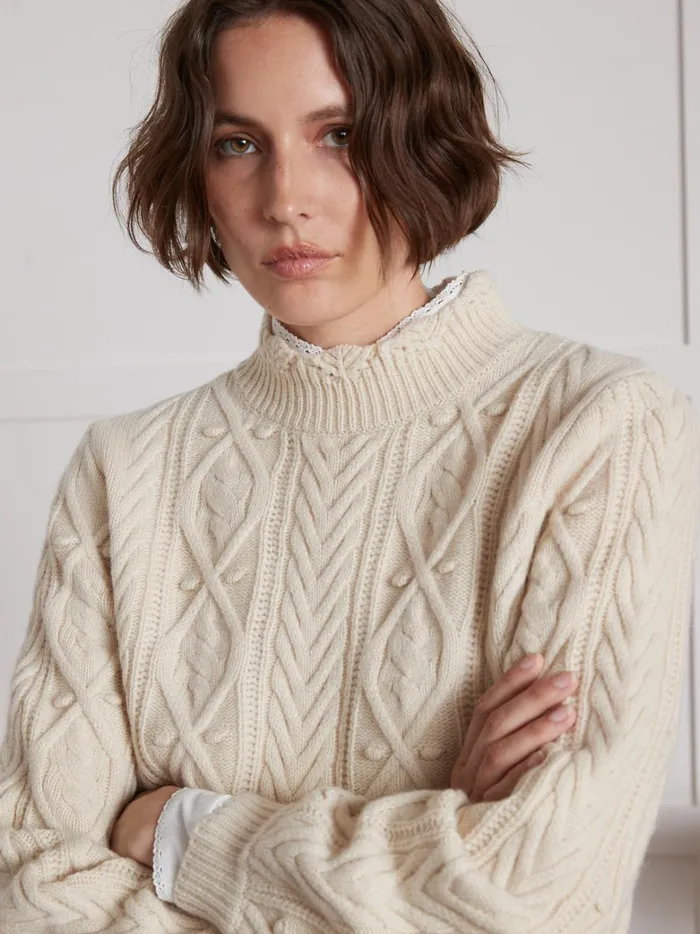 Women Clothing Cyrillus HighNeck CableKnit Sweater Ecru