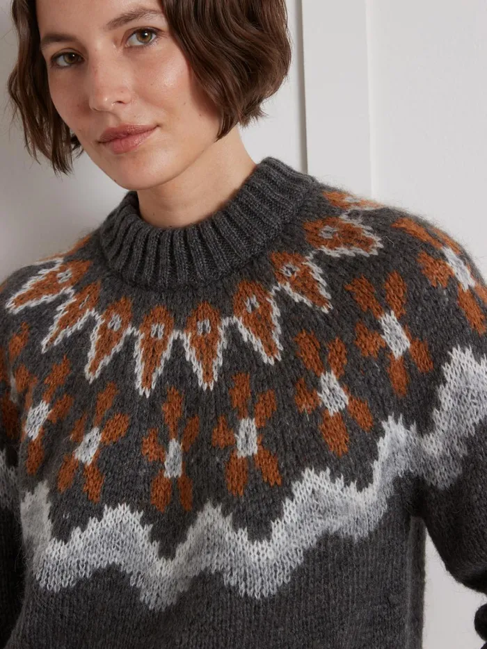 Women Clothing Cyrillus Jacquard Sweater In A Kid Mohair Blend Gris Chine