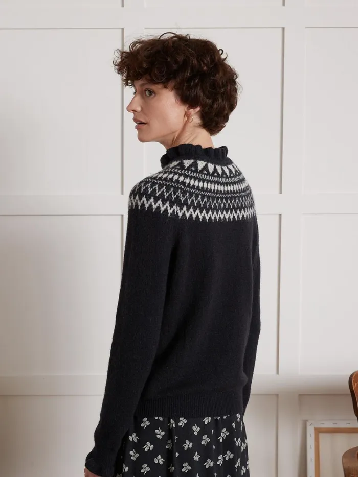 Women Clothing Cyrillus Jacquard Sweater With Ruffled Neckline Navy Noir