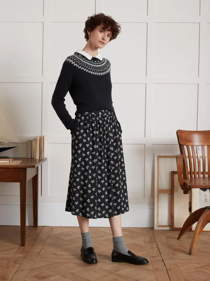 Women Clothing Cyrillus Jacquard Sweater With Ruffled Neckline Navy Noir