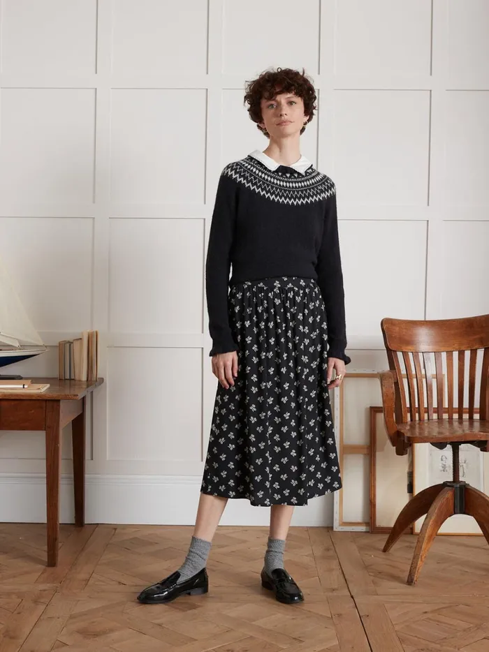 Women Clothing Cyrillus Jacquard Sweater With Ruffled Neckline Navy Noir