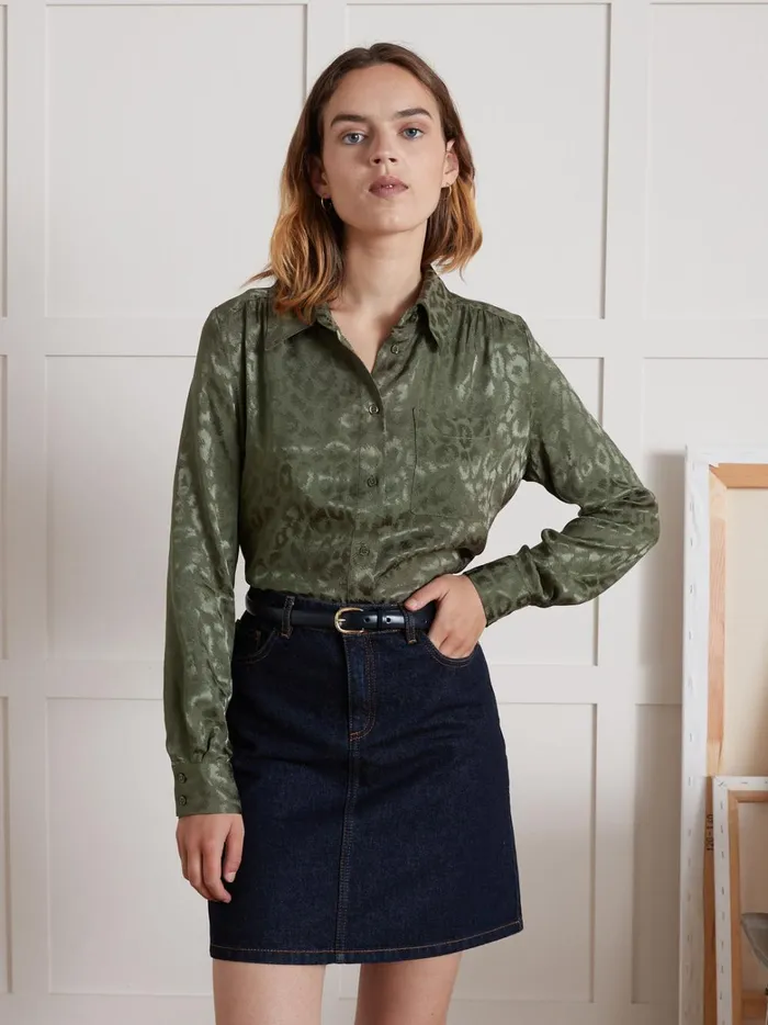Women Clothing Cyrillus Leopard Jacquard Shirt Kaki