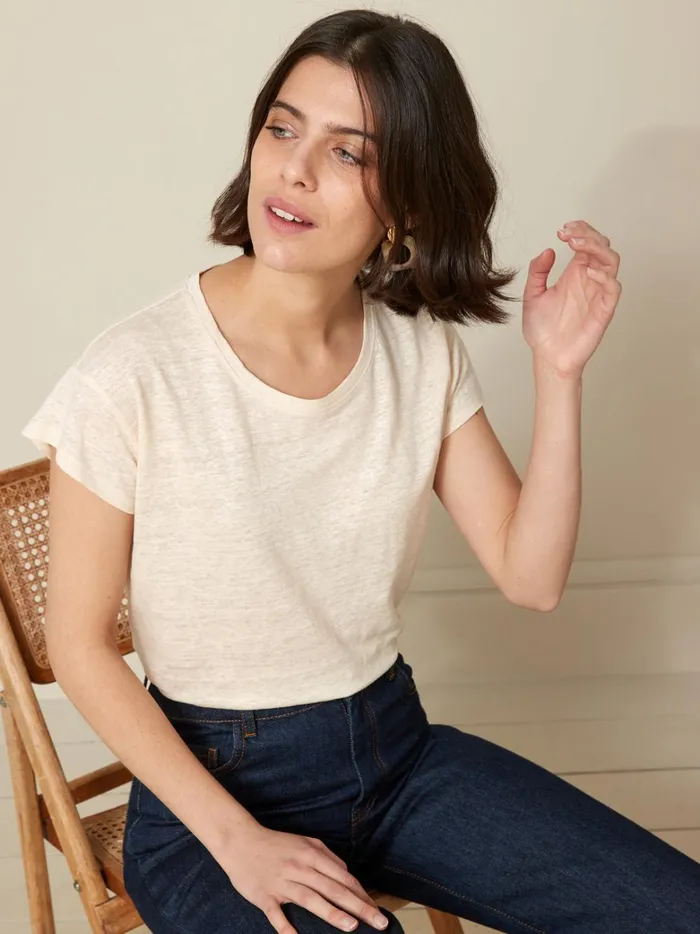 Women Clothing Cyrillus Linen TShirt With Round Neckline Craie