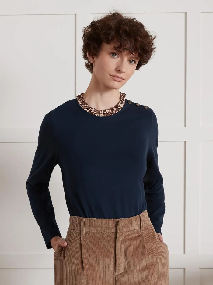 Women Clothing Cyrillus Otton TShirt With Fauve Print Collar Encre