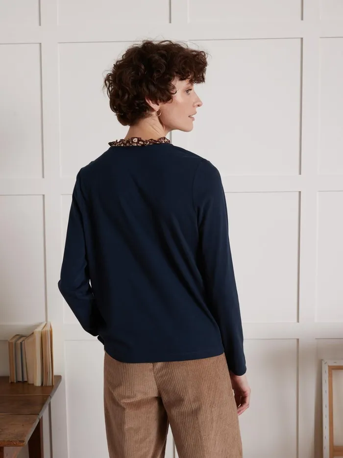 Women Clothing Cyrillus Otton TShirt With Fauve Print Collar Encre