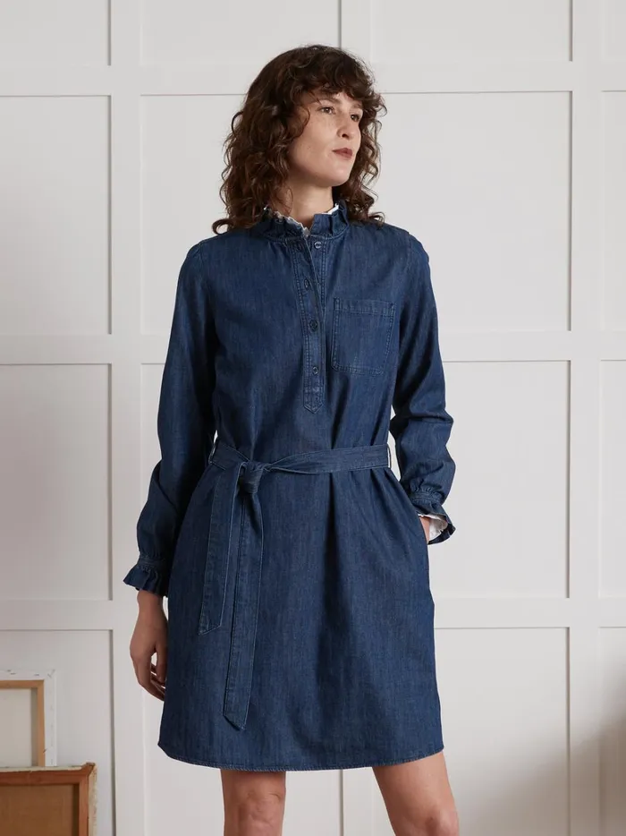 Women Clothing Cyrillus Short Chambray Dress With Ruffled Collar Denim Bleu