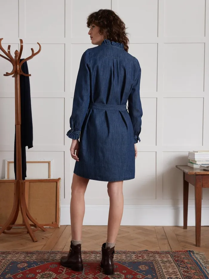 Women Clothing Cyrillus Short Chambray Dress With Ruffled Collar Denim Bleu