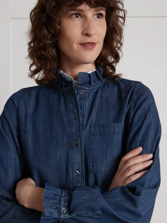Women Clothing Cyrillus Short Chambray Dress With Ruffled Collar Denim Bleu