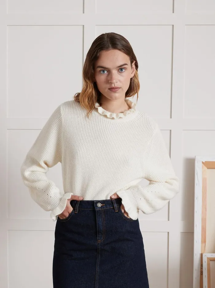 Women Clothing Cyrillus Sweater With Ruffled Neckline Ecru