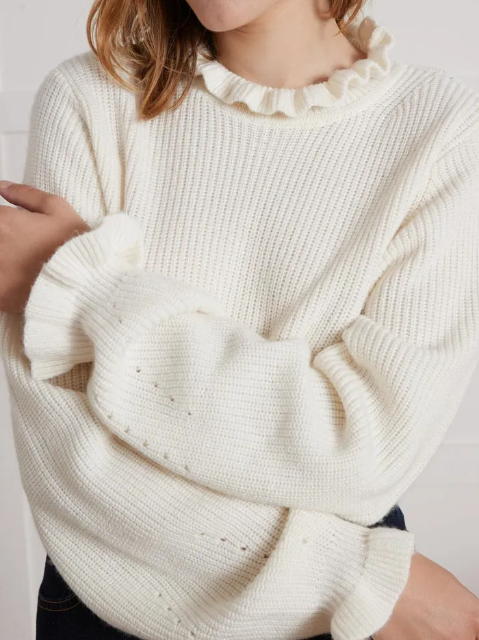 Women Clothing Cyrillus Sweater With Ruffled Neckline Ecru