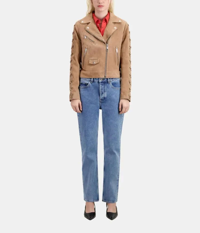 Women Coats and Jackets THE KOOPLES Beige Suede Leather Biker Jacket