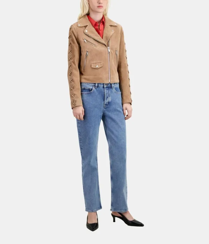 Women Coats and Jackets THE KOOPLES Beige Suede Leather Biker Jacket Women Coats and Jackets THE KOOPLES Beige Suede Leather Biker Jacket