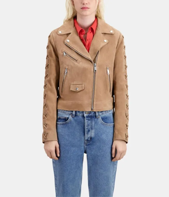 Women Coats and Jackets THE KOOPLES Beige Suede Leather Biker Jacket Women Coats and Jackets THE KOOPLES Beige Suede Leather Biker Jacket